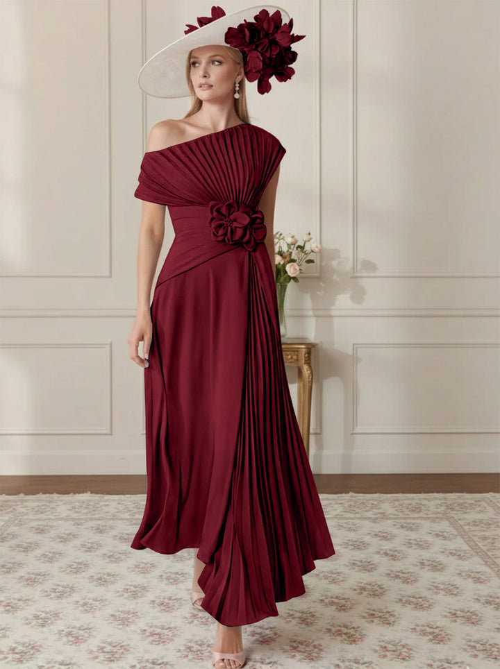 Robe Mère de la Mariée, Ligne A/Princesse, Hors de l'épaule, Crêpe Élastique, Manches Courtes, Plissé, Longueur de la Cheville
