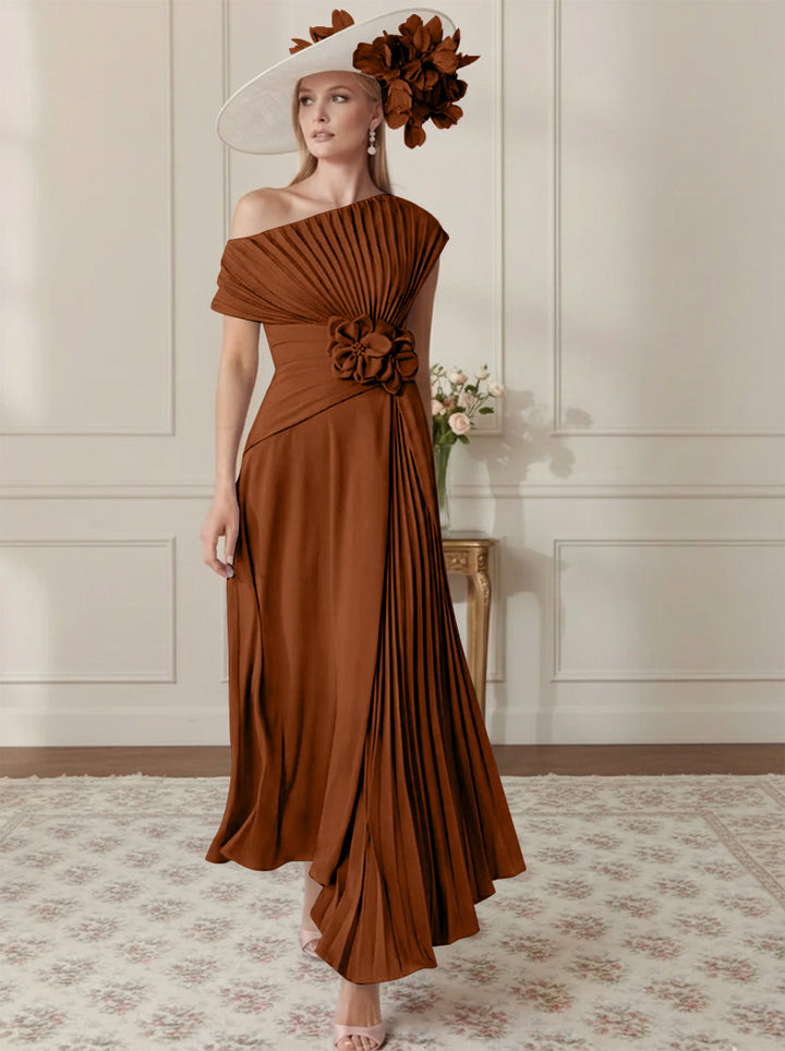 Robe Mère de la Mariée, Ligne A/Princesse, Hors de l'épaule, Crêpe Élastique, Manches Courtes, Plissé, Longueur de la Cheville