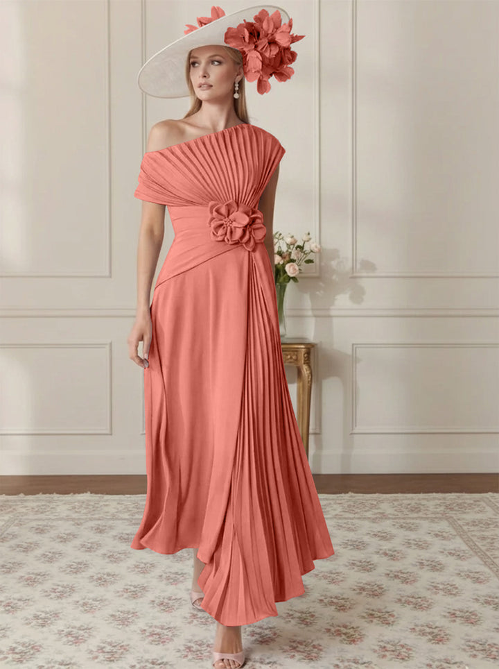 Robe Mère de la Mariée, Ligne A/Princesse, Hors de l'épaule, Crêpe Élastique, Manches Courtes, Plissé, Longueur de la Cheville