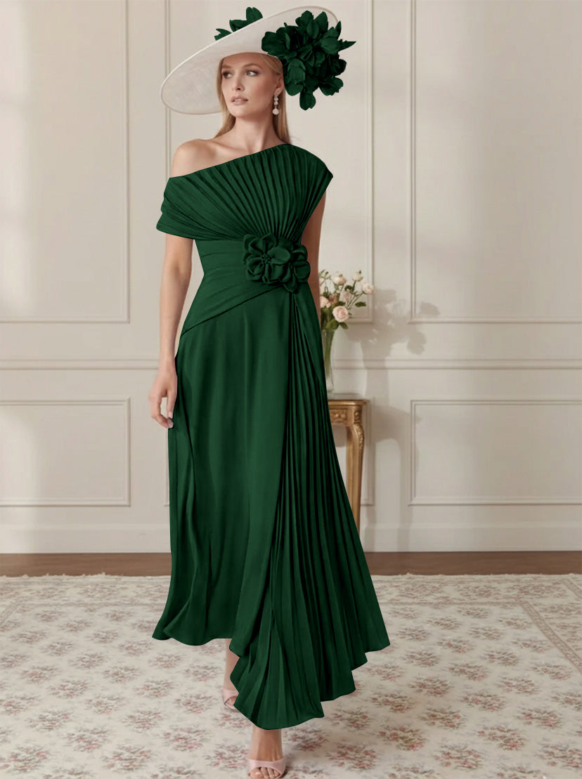 Robe Mère de la Mariée, Ligne A/Princesse, Hors de l'épaule, Crêpe Élastique, Manches Courtes, Plissé, Longueur de la Cheville