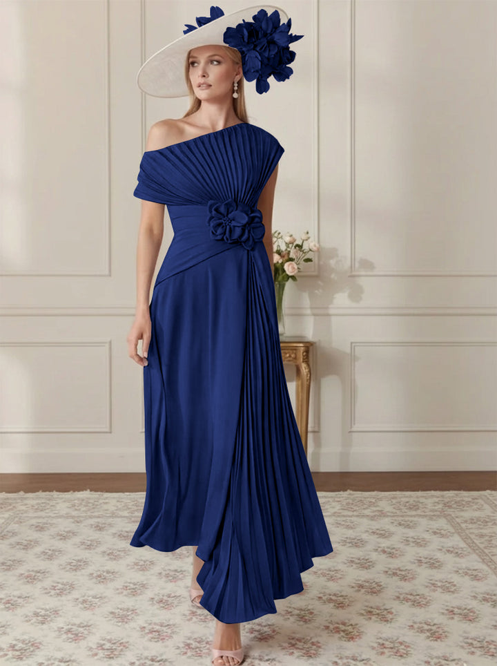 Robe Mère de la Mariée, Ligne A/Princesse, Hors de l'épaule, Crêpe Élastique, Manches Courtes, Plissé, Longueur de la Cheville