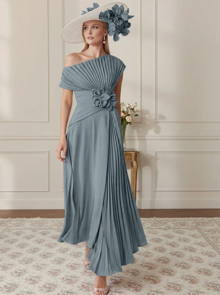 Robe Mère de la Mariée, Ligne A/Princesse, Hors de l'épaule, Crêpe Élastique, Manches Courtes, Plissé, Longueur de la Cheville