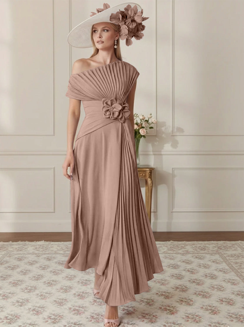 Robe Mère de la Mariée, Ligne A/Princesse, Hors de l'épaule, Crêpe Élastique, Manches Courtes, Plissé, Longueur de la Cheville
