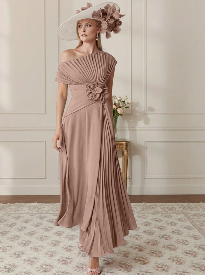 Robe Mère de la Mariée, Ligne A/Princesse, Hors de l'épaule, Crêpe Élastique, Manches Courtes, Plissé, Longueur de la Cheville