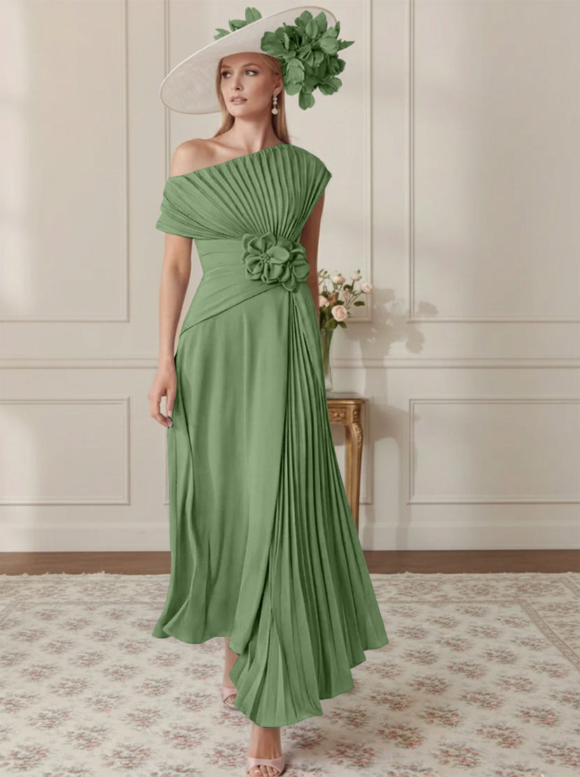 Robe Mère de la Mariée, Ligne A/Princesse, Hors de l'épaule, Crêpe Élastique, Manches Courtes, Plissé, Longueur de la Cheville