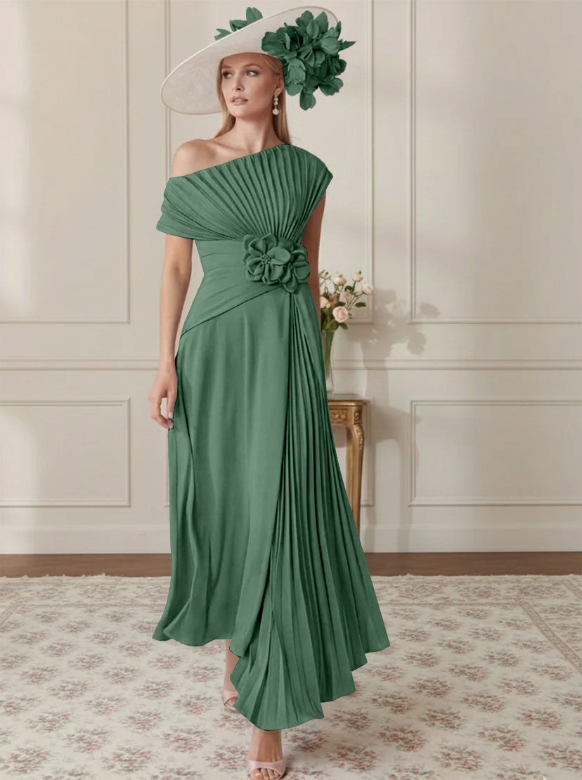 Robe Mère de la Mariée, Ligne A/Princesse, Hors de l'épaule, Crêpe Élastique, Manches Courtes, Plissé, Longueur de la Cheville