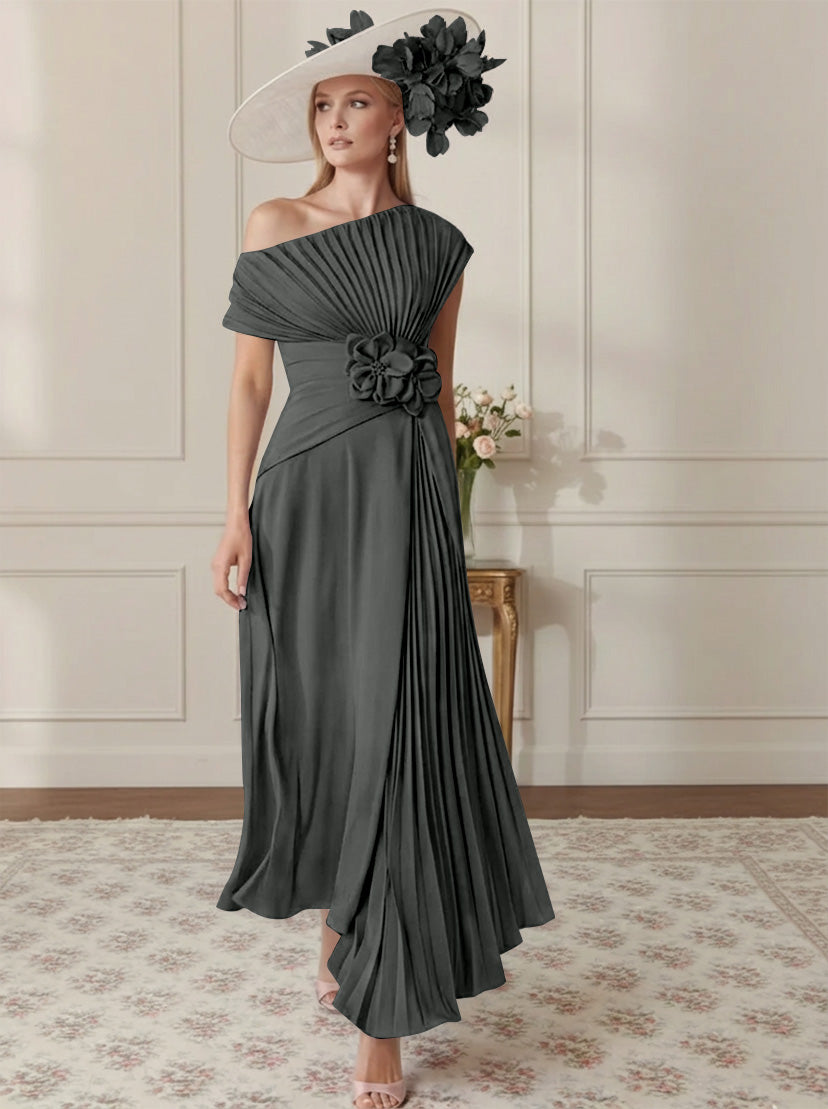Robe Mère de la Mariée, Ligne A/Princesse, Hors de l'épaule, Crêpe Élastique, Manches Courtes, Plissé, Longueur de la Cheville