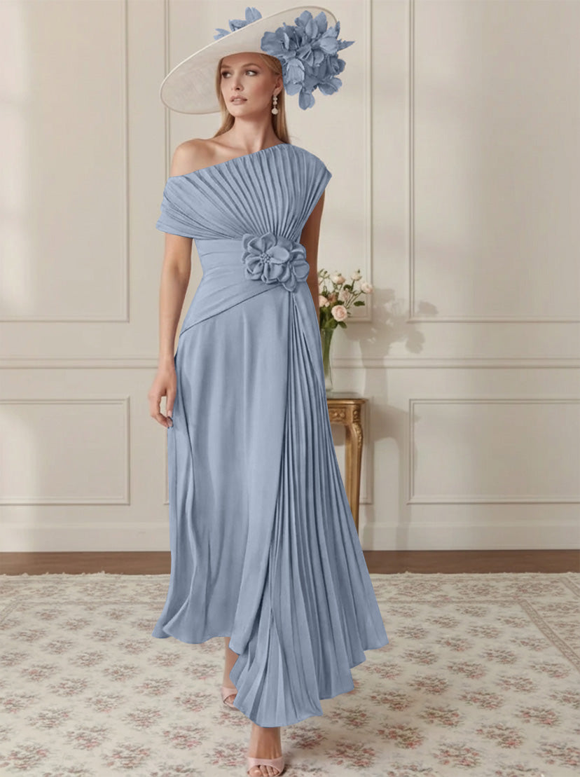 Robe Mère de la Mariée, Ligne A/Princesse, Hors de l'épaule, Crêpe Élastique, Manches Courtes, Plissé, Longueur de la Cheville