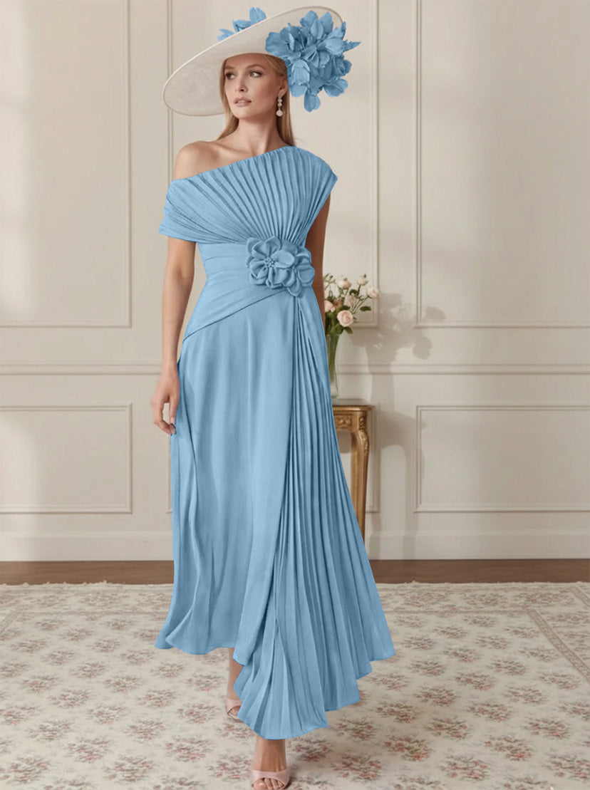 Robe Mère de la Mariée, Ligne A/Princesse, Hors de l'épaule, Crêpe Élastique, Manches Courtes, Plissé, Longueur de la Cheville