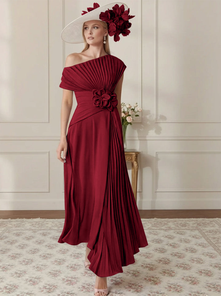 Robe Mère de la Mariée, Ligne A/Princesse, Hors de l'épaule, Crêpe Élastique, Manches Courtes, Plissé, Longueur de la Cheville