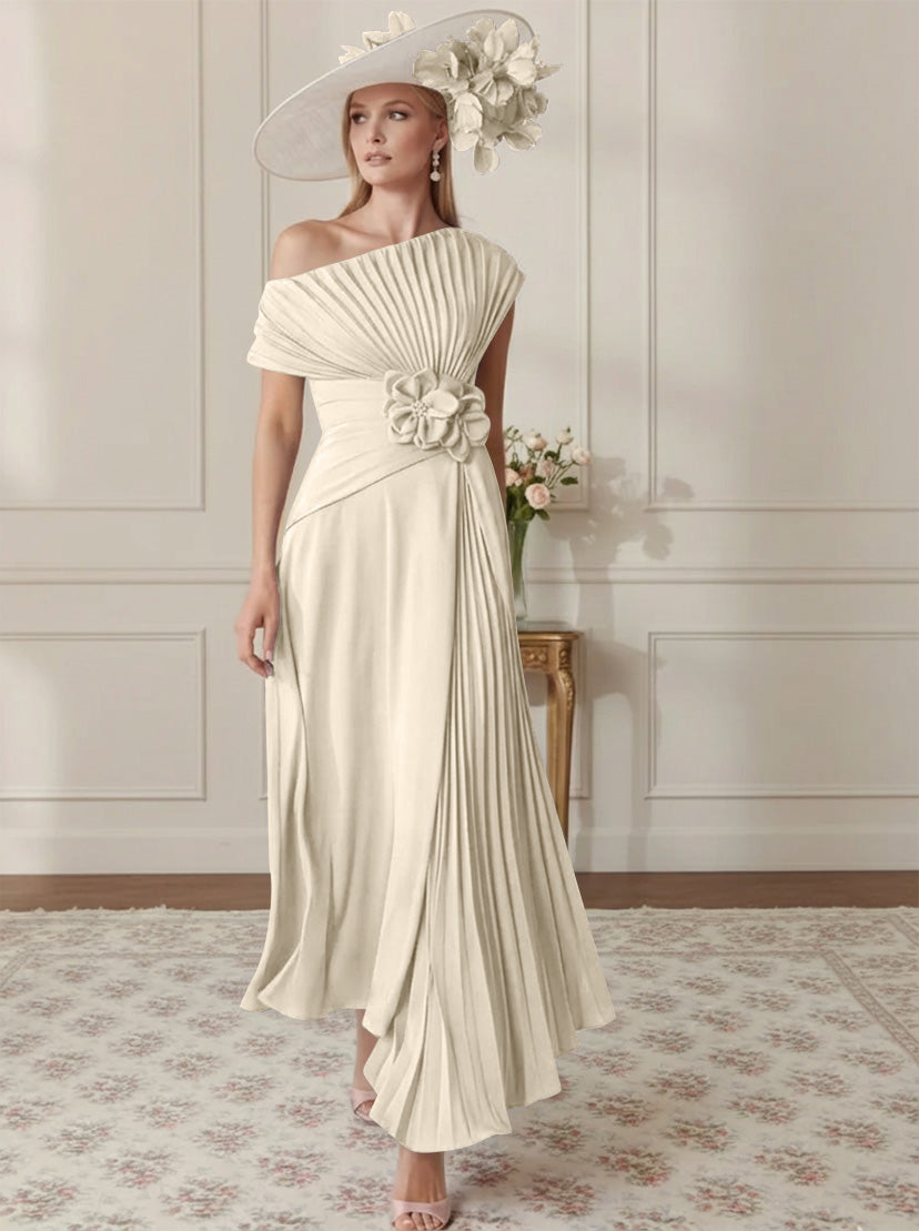 Robe Mère de la Mariée, Ligne A/Princesse, Hors de l'épaule, Crêpe Élastique, Manches Courtes, Plissé, Longueur de la Cheville