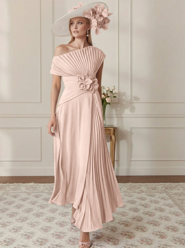 Robe Mère de la Mariée, Ligne A/Princesse, Hors de l'épaule, Crêpe Élastique, Manches Courtes, Plissé, Longueur de la Cheville