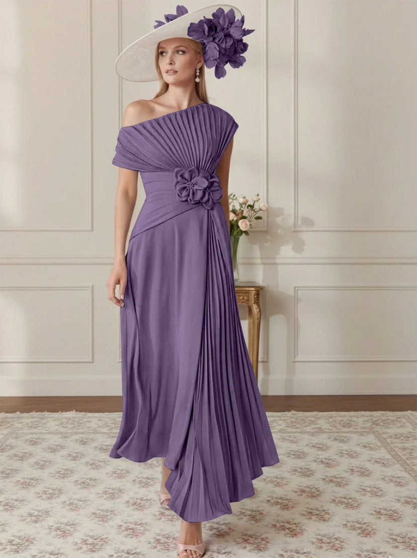 Robe Mère de la Mariée, Ligne A/Princesse, Hors de l'épaule, Crêpe Élastique, Manches Courtes, Plissé, Longueur de la Cheville