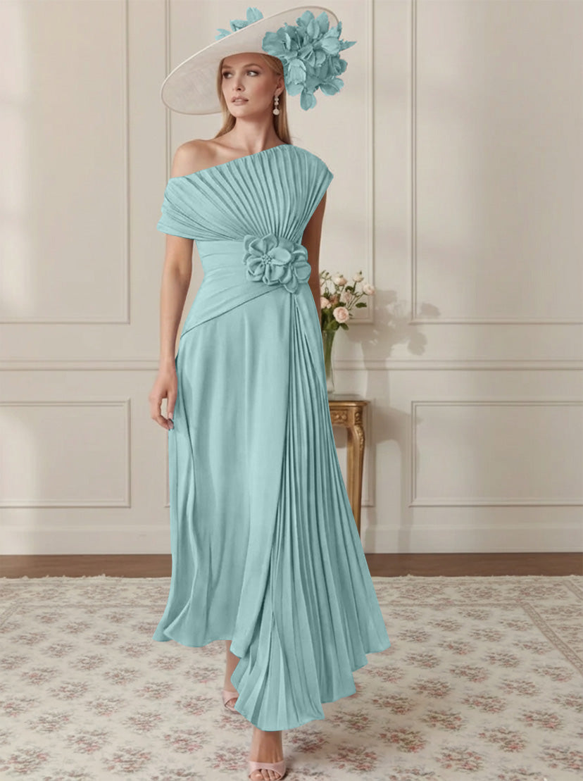 Robe Mère de la Mariée, Ligne A/Princesse, Hors de l'épaule, Crêpe Élastique, Manches Courtes, Plissé, Longueur de la Cheville