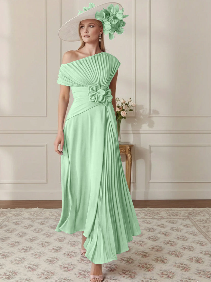 Robe Mère de la Mariée, Ligne A/Princesse, Hors de l'épaule, Crêpe Élastique, Manches Courtes, Plissé, Longueur de la Cheville