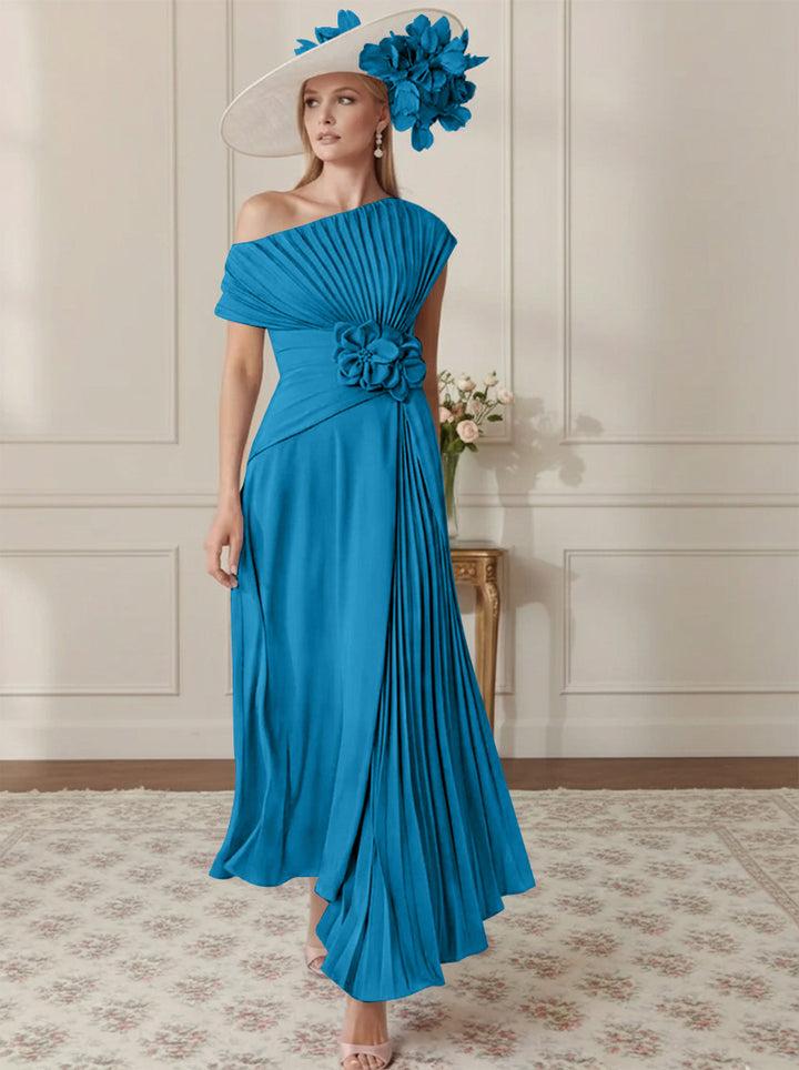 Robe Mère de la Mariée, Ligne A/Princesse, Hors de l'épaule, Crêpe Élastique, Manches Courtes, Plissé, Longueur de la Cheville