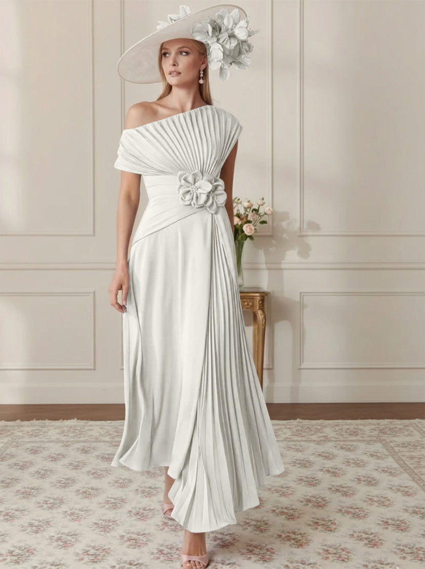 Robe Mère de la Mariée, Ligne A/Princesse, Hors de l'épaule, Crêpe Élastique, Manches Courtes, Plissé, Longueur de la Cheville