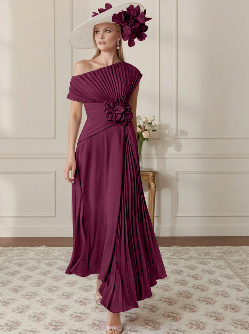 Robe Mère de la Mariée, Ligne A/Princesse, Hors de l'épaule, Crêpe Élastique, Manches Courtes, Plissé, Longueur de la Cheville