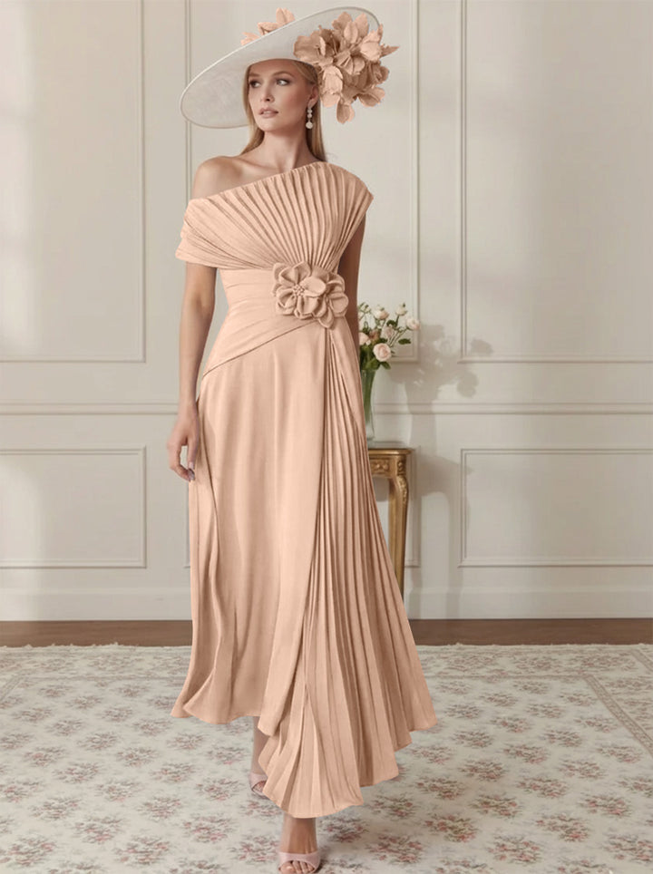 Robe Mère de la Mariée, Ligne A/Princesse, Hors de l'épaule, Crêpe Élastique, Manches Courtes, Plissé, Longueur de la Cheville