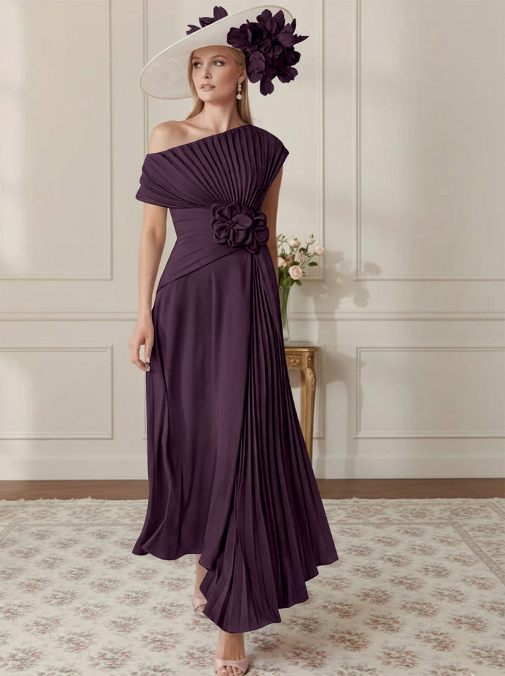 Robe Mère de la Mariée, Ligne A/Princesse, Hors de l'épaule, Crêpe Élastique, Manches Courtes, Plissé, Longueur de la Cheville