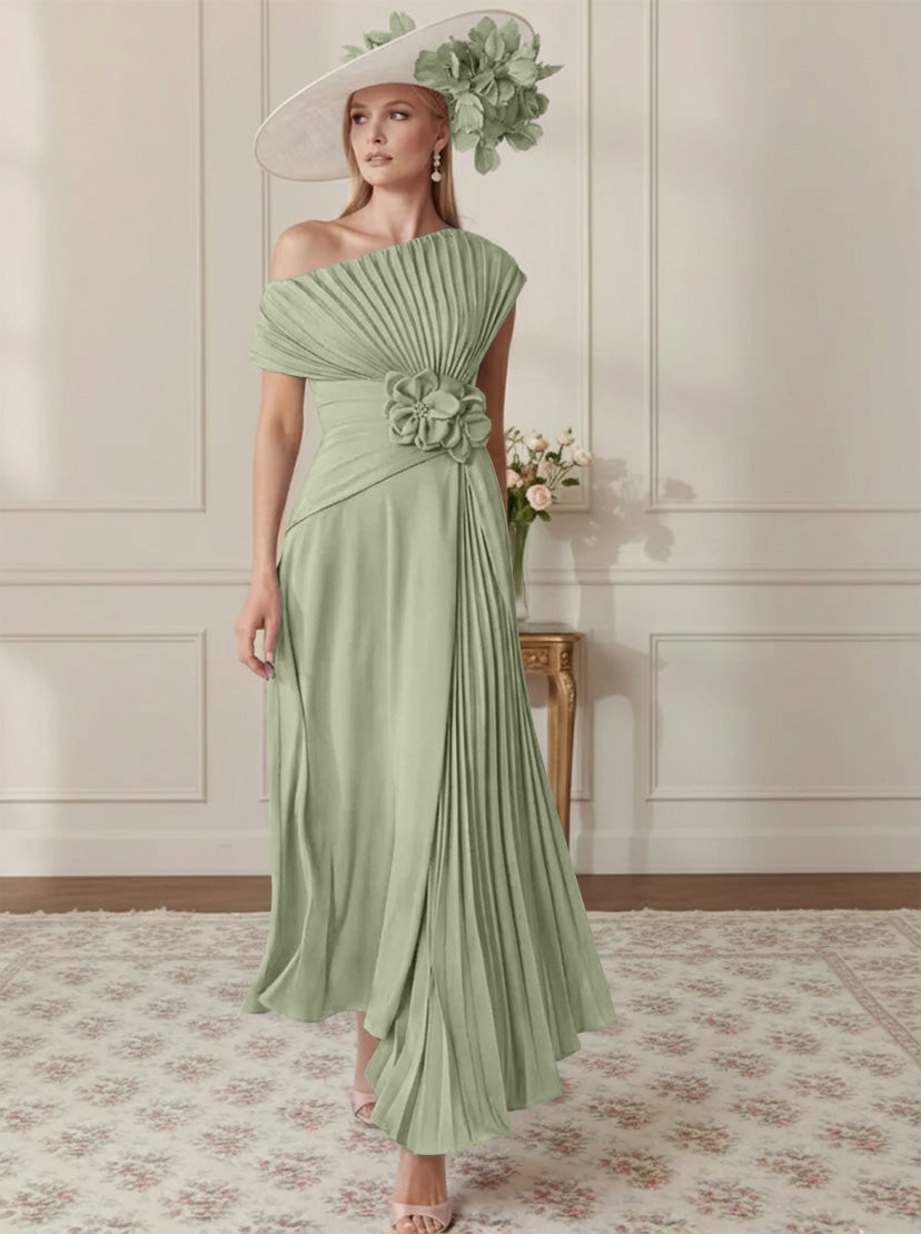 Robe Mère de la Mariée, Ligne A/Princesse, Hors de l'épaule, Crêpe Élastique, Manches Courtes, Plissé, Longueur de la Cheville