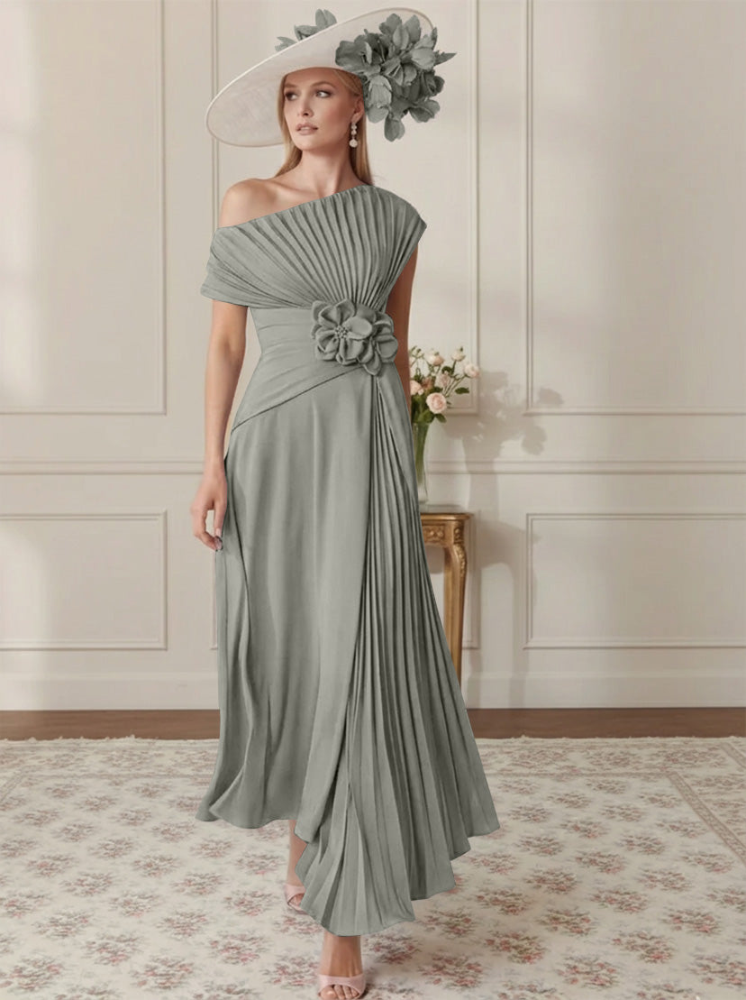 Robe Mère de la Mariée, Ligne A/Princesse, Hors de l'épaule, Crêpe Élastique, Manches Courtes, Plissé, Longueur de la Cheville