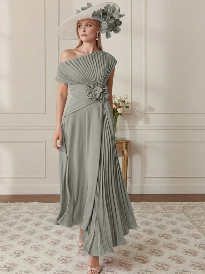 Robe Mère de la Mariée, Ligne A/Princesse, Hors de l'épaule, Crêpe Élastique, Manches Courtes, Plissé, Longueur de la Cheville