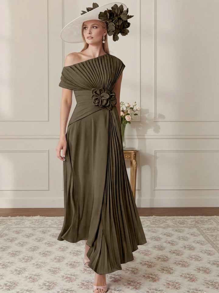 Robe Mère de la Mariée, Ligne A/Princesse, Hors de l'épaule, Crêpe Élastique, Manches Courtes, Plissé, Longueur de la Cheville