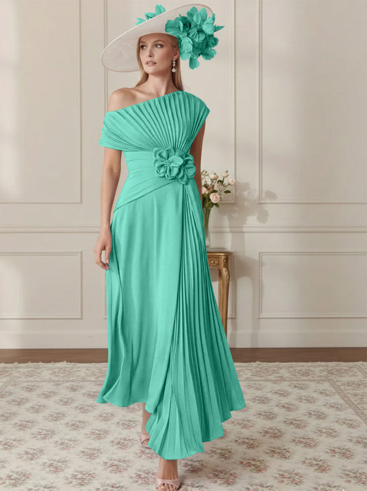Robe Mère de la Mariée, Ligne A/Princesse, Hors de l'épaule, Crêpe Élastique, Manches Courtes, Plissé, Longueur de la Cheville