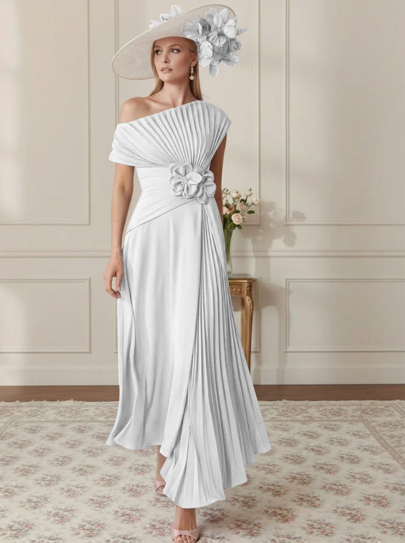Robe Mère de la Mariée, Ligne A/Princesse, Hors de l'épaule, Crêpe Élastique, Manches Courtes, Plissé, Longueur de la Cheville