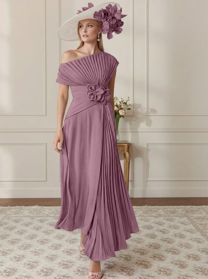 Robe Mère de la Mariée, Ligne A/Princesse, Hors de l'épaule, Crêpe Élastique, Manches Courtes, Plissé, Longueur de la Cheville