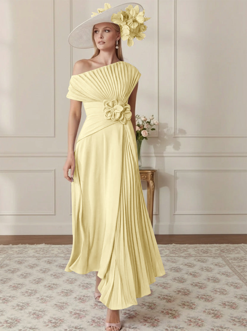 Robe Mère de la Mariée, Ligne A/Princesse, Hors de l'épaule, Crêpe Élastique, Manches Courtes, Plissé, Longueur de la Cheville