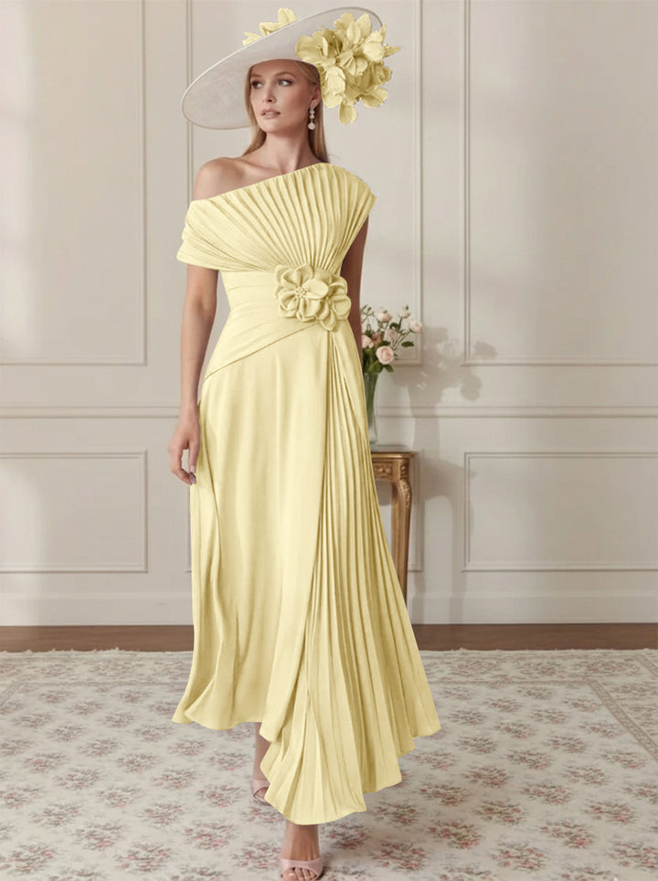 Robe Mère de la Mariée, Ligne A/Princesse, Hors de l'épaule, Crêpe Élastique, Manches Courtes, Plissé, Longueur de la Cheville