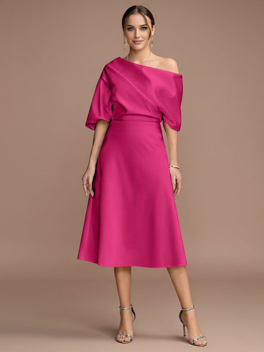 Robe mère de la mariée ligne A, une épaule, manches courtes, longueur midi, volants