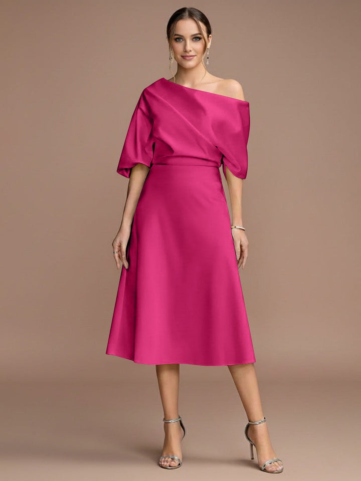 Robe mère de la mariée ligne A, une épaule, manches courtes, longueur midi, volants