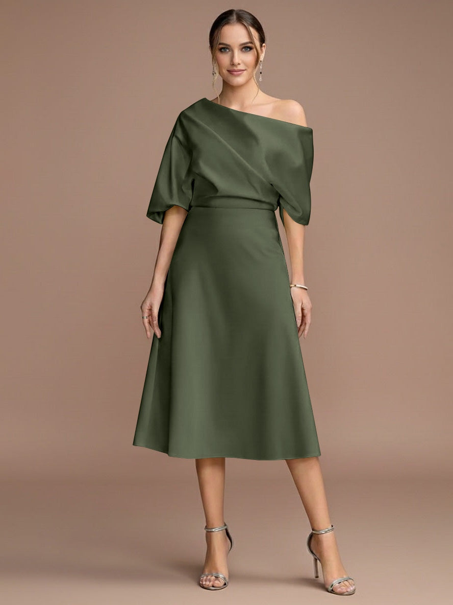 Robe mère de la mariée ligne A, une épaule, manches courtes, longueur midi, volants