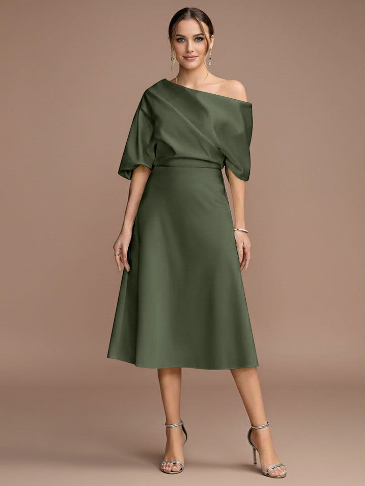 Robe mère de la mariée ligne A, une épaule, manches courtes, longueur midi, volants