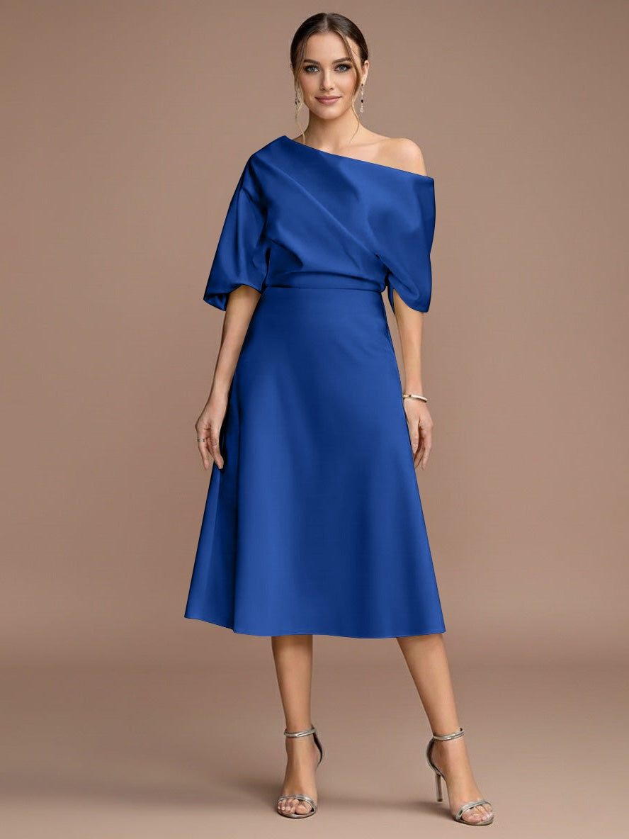 Robe mère de la mariée ligne A, une épaule, manches courtes, longueur midi, volants