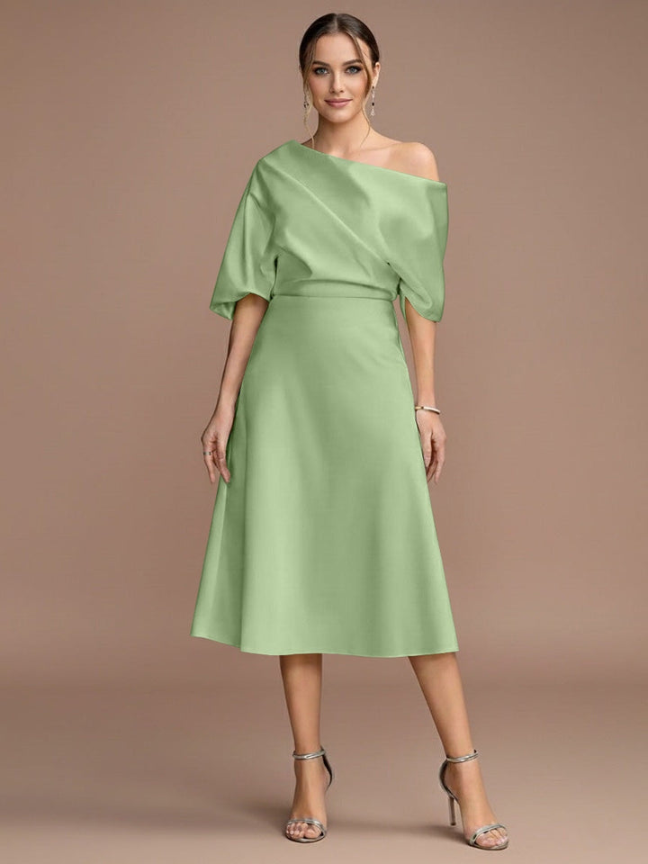 Robe mère de la mariée ligne A, une épaule, manches courtes, longueur midi, volants