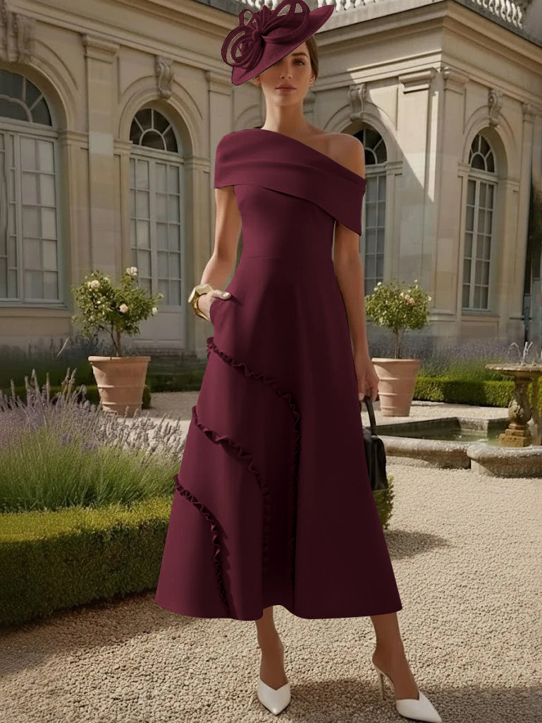 Robes pour Mère de la Mariée, Ligne A/Princesse, Une Épaule Nue, Satin Élastique, Longueur Midi, Sans Manches