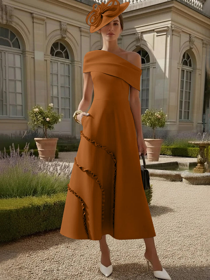 Robes pour Mère de la Mariée, Ligne A/Princesse, Une Épaule Nue, Satin Élastique, Longueur Midi, Sans Manches