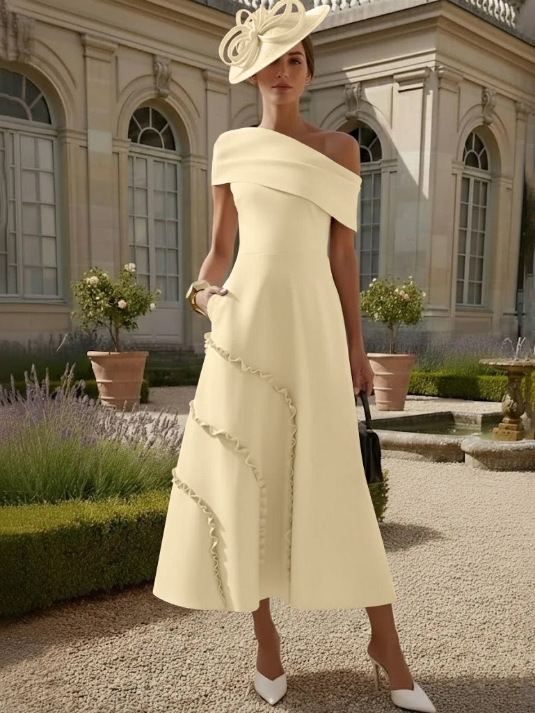 Robes pour Mère de la Mariée, Ligne A/Princesse, Une Épaule Nue, Satin Élastique, Longueur Midi, Sans Manches