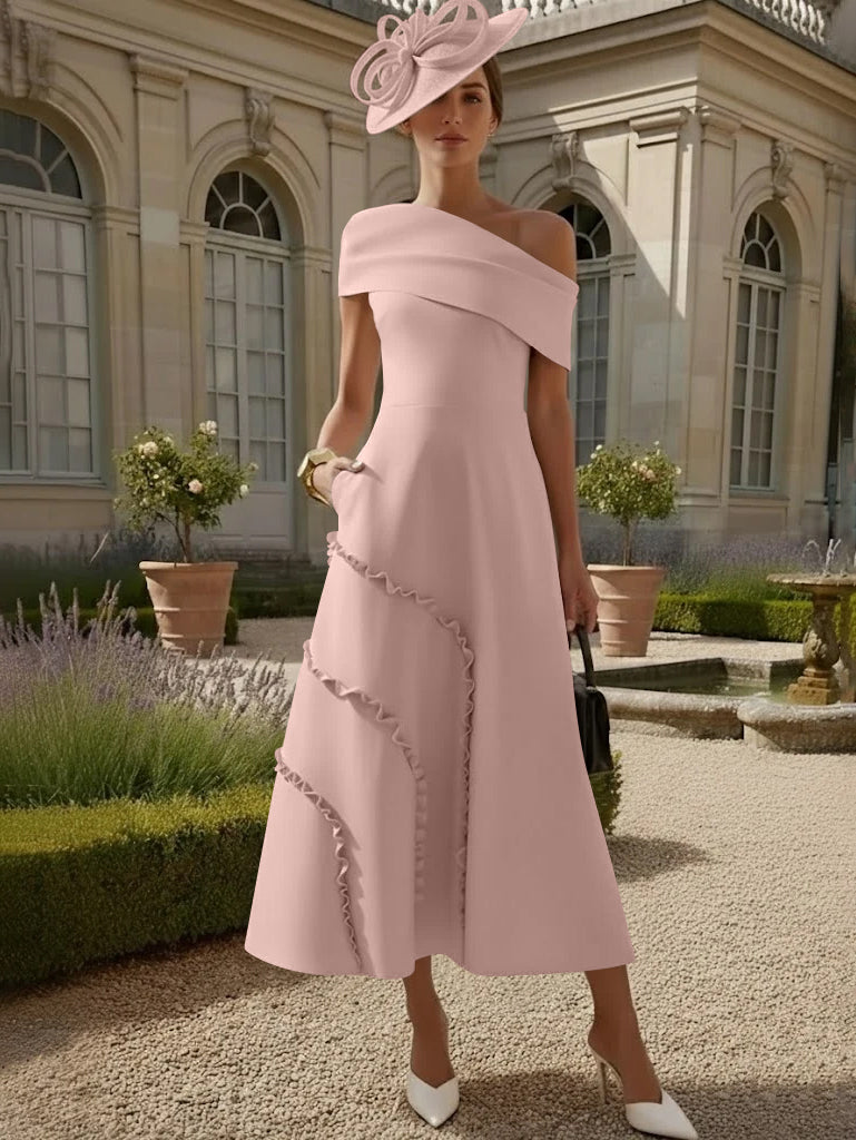 Robes pour Mère de la Mariée, Ligne A/Princesse, Une Épaule Nue, Satin Élastique, Longueur Midi, Sans Manches