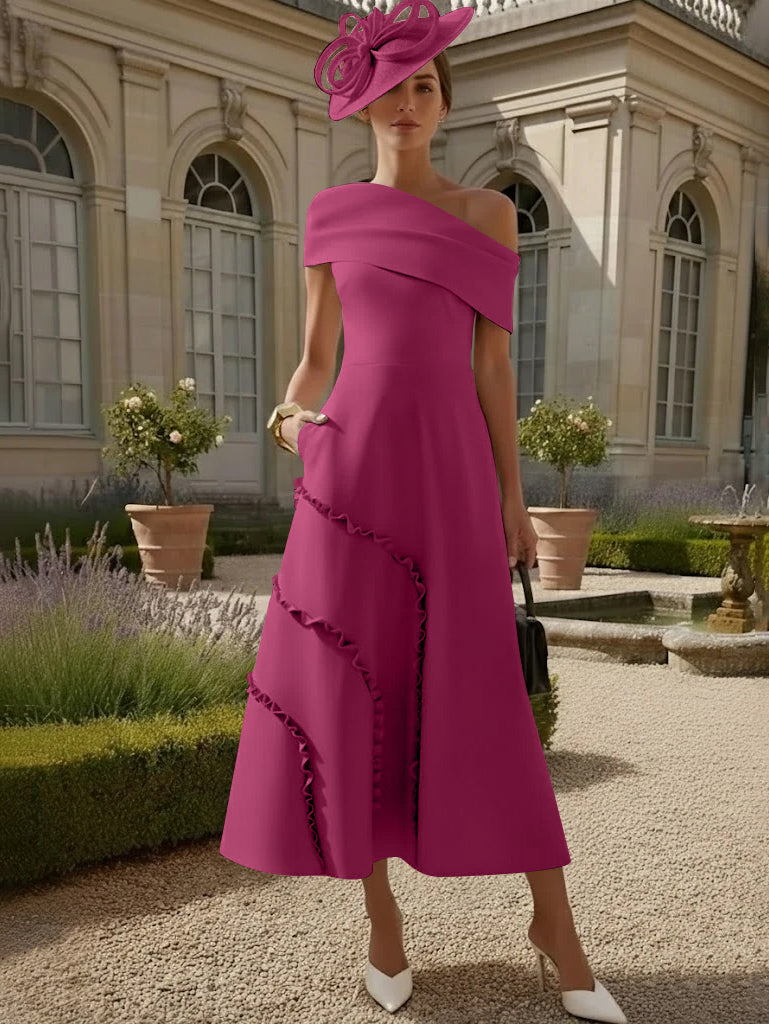 Robes pour Mère de la Mariée, Ligne A/Princesse, Une Épaule Nue, Satin Élastique, Longueur Midi, Sans Manches