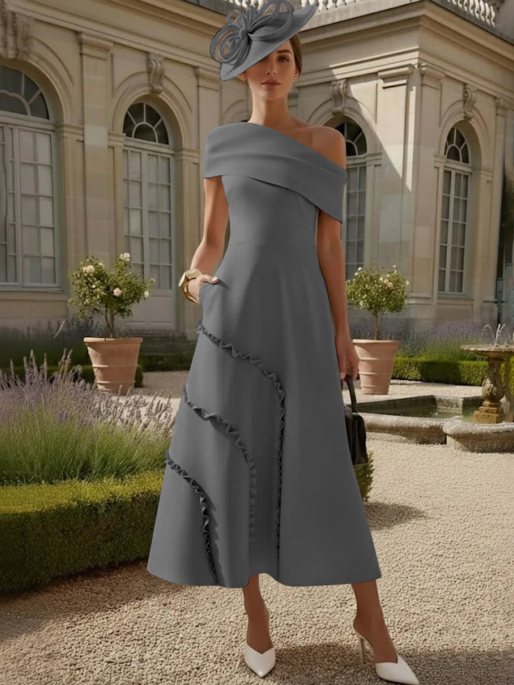 Robes pour Mère de la Mariée, Ligne A/Princesse, Une Épaule Nue, Satin Élastique, Longueur Midi, Sans Manches