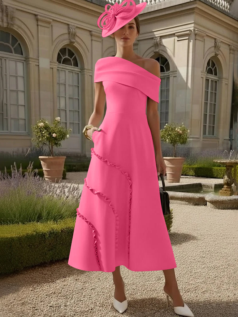 Robes pour Mère de la Mariée, Ligne A/Princesse, Une Épaule Nue, Satin Élastique, Longueur Midi, Sans Manches