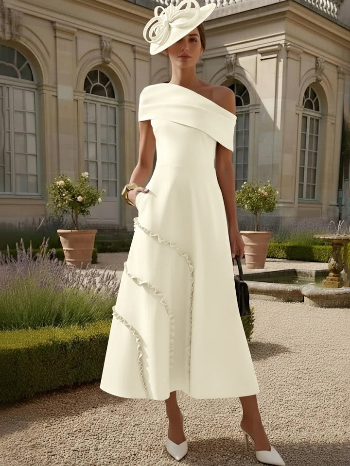 Robes pour Mère de la Mariée, Ligne A/Princesse, Une Épaule Nue, Satin Élastique, Longueur Midi, Sans Manches