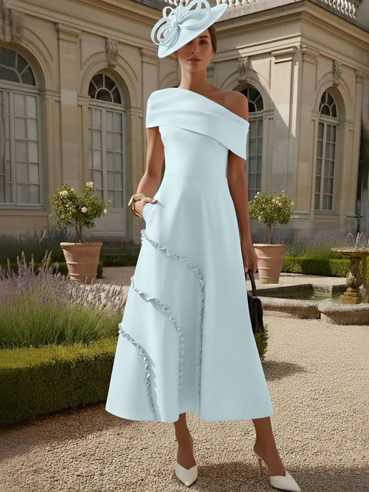 Robes pour Mère de la Mariée, Ligne A/Princesse, Une Épaule Nue, Satin Élastique, Longueur Midi, Sans Manches
