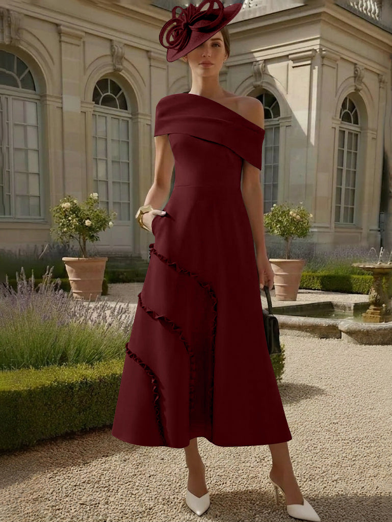 Robes pour Mère de la Mariée, Ligne A/Princesse, Une Épaule Nue, Satin Élastique, Longueur Midi, Sans Manches