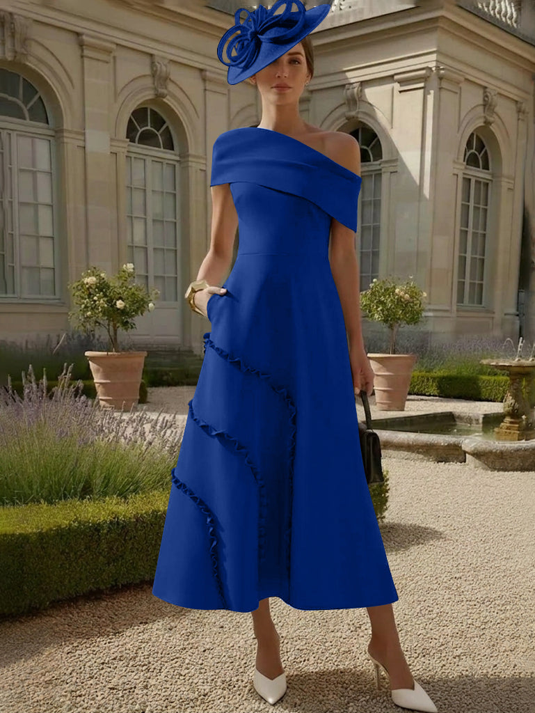 Robes pour Mère de la Mariée, Ligne A/Princesse, Une Épaule Nue, Satin Élastique, Longueur Midi, Sans Manches